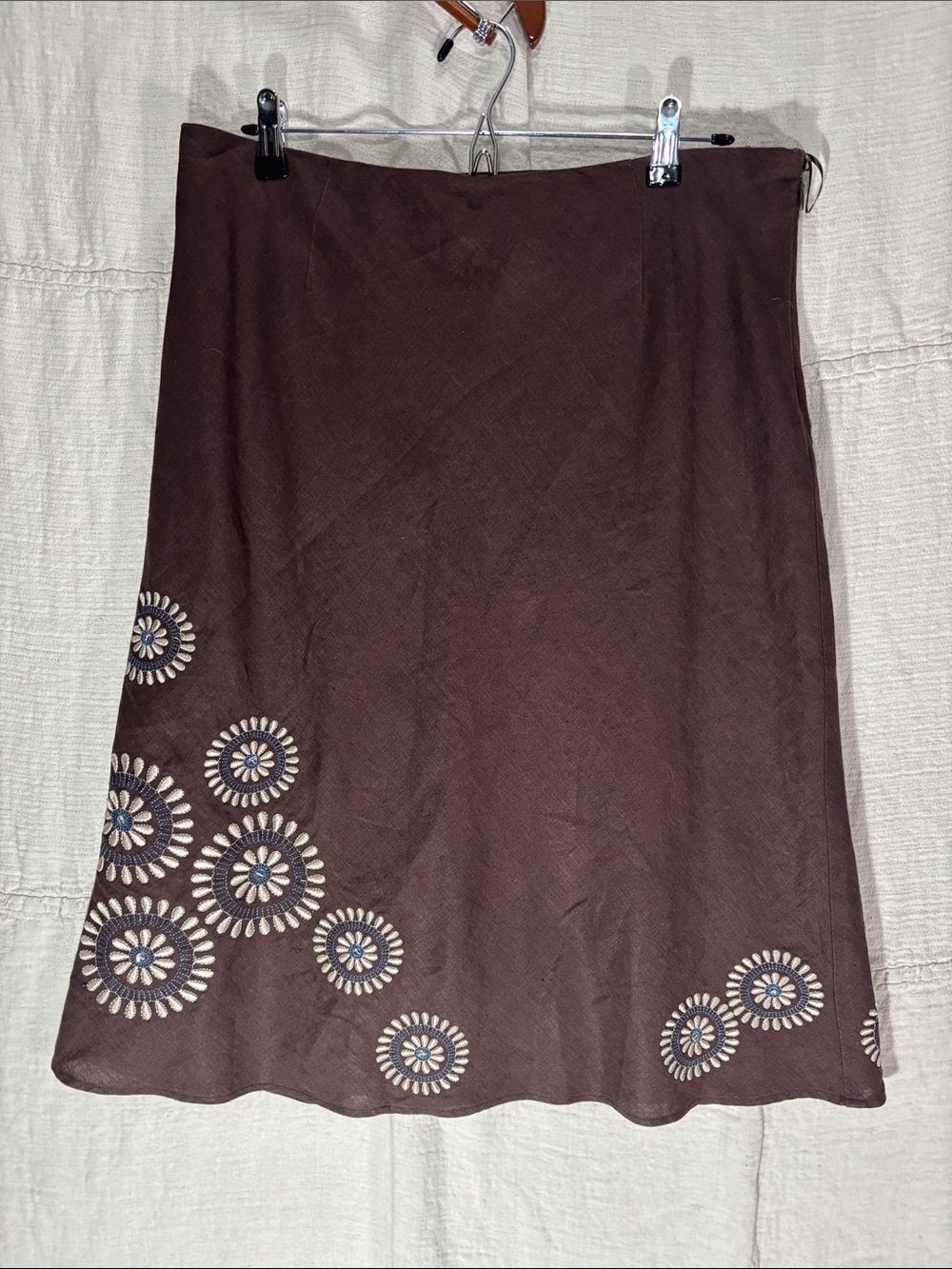 Willi Smith Vintage Brown Embroidered Linen Midi Skirt Size 12 Boho Whimsigoth